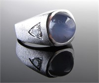 14K White Gold Gents Star Sapphire Diamond Ring