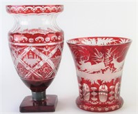 Two Bohemian Ruby Cut-To-Clear Vases