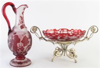 Bohemian Ruby Glass Ewer and Centerpiece