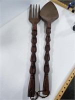 Large carved wood spoon and fork