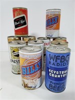 11 empty vintage beer cans