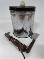 Vintage kitchen canister and cheese knives