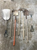 yard tools w/ scoop shovel, shovels, rake, fork