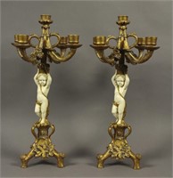 Gold & Ivory French Baroque Cherub Candelabras