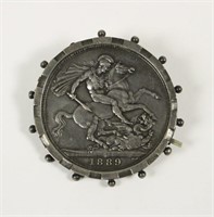 1889 Crown Victoria D:G Silver Coin Pendant Pin