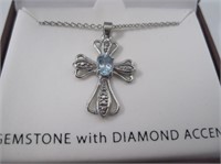 Gemstone w/ Diamond Accent Silver Plate Cross
