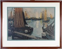 Vintage, Framed Lithograph, Harbor Scene