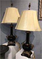 Pair Of Bronze And Art Glass Cherub Parlor Lamps