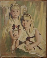 Oil On Canvas Portrait Of 2 Young Girls By Malone