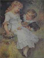 Early Framed Print Of Girl And Boy