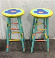 2 Hand Painted Wood Stools T8C