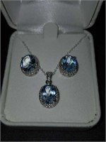 Sky Blue Topaz Halo Style Earring/Pendant Set