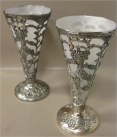 Pair Of Decorative White Metal Floral Vases