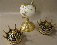 Stone Inlaid Mini Globe & 2 Crown Trinket Boxes