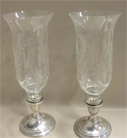2 - 12" Sterling Silver Base Hurricane Lamps