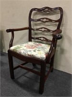 Mahogany Carved Wood Chair w/ Upholstered Seat