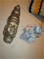17" Buddha Face Statue & 9" Porcelain Statue