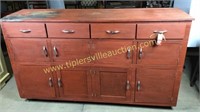 Red midcentury counter with bins  68x20x39h