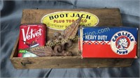 Boot jack tobacco box with cast iron finials,