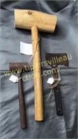 17in Wood Mallet, iron hammer and hatchet