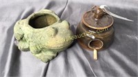 Garden frog and tiny pottery birdhouse