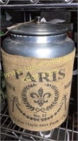 Burlap wrapped metal canister 13in tall