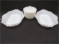 White glass covered dish & 2 bowls