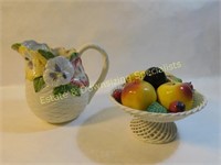 Porcelain Pitcher & Lattice Milk Glass Fruit Bowl