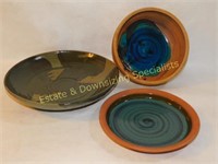 3 Pieces Signed Studio Art Pottery Platters & Bowl