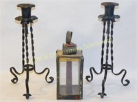 Pr of Iron Candle Holders & Lantern
