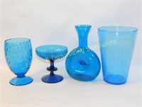 4 Pieces Blue Colored Glass Vases & Cups