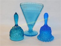 3 Pieces Blue EAPG Fan Vase & Bells