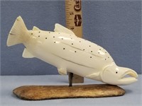 Dennis Pungowiyi ivory carving of a Coho salmon wi