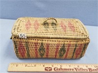 Vintage willow root woven basket, dyed root geomet