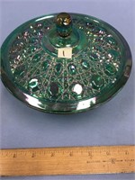 Green carnival glass candy dish with lid, 7.5" dia