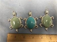 Lot of 3 silver toned turtle pendants, 2.5" each