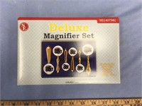 Deluxe magnifier set new in box, gold toned handle