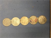 Lot of 4 Liberty silver dollars and a 1921 S Morga