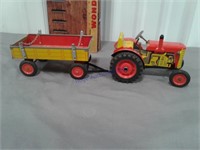 Metal toy tractor and wagon