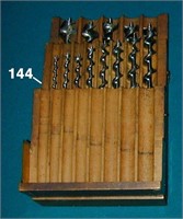 Set of wooden auger bits in original wooden box