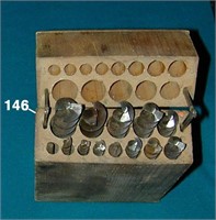 Set of wooden auger bits in an unusual wooden box