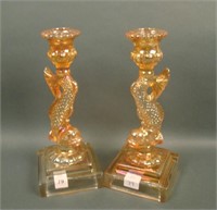Pair of IG Imperial Marigold Dolphin Candlesticks