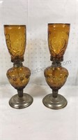 Pair of  Vintage 14" Amber Glass Hurricane Lamps