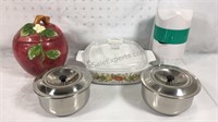 Corning Casserole, juicer,  canisters & 2 Chrome