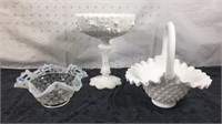 Milk glass basket, Footed Candy Dish and