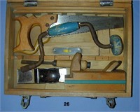 Unknown make child’s tool set in wooden box