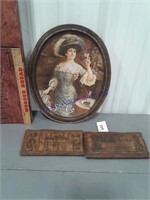 Pepsi cola tin, 2 and 5 dollar wooden plaques