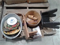 baskets, tin trays, wooden stool, metal stand