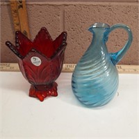 Red Fenton Tulip and Blue Glass Pitcher