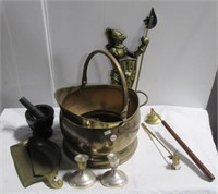 Brass Coal bucket with marble mortar & pestal,
